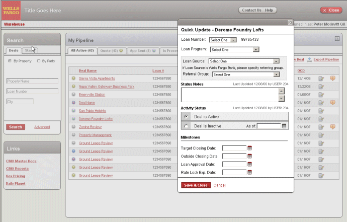 Wells Fargo - Loan Pipeline Quick Edit Panel 